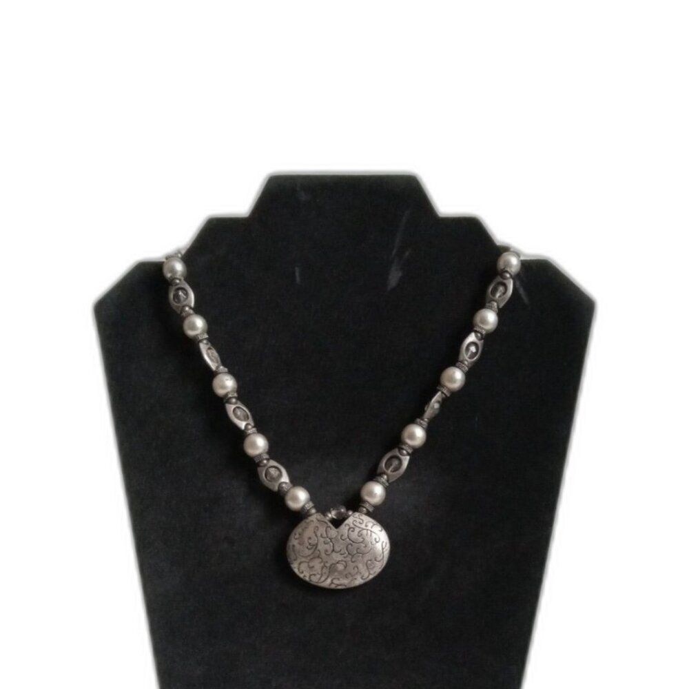 Chico's Silver Toned Heavyweight Metal Beaded Oval Pendant Bohemian Necklace